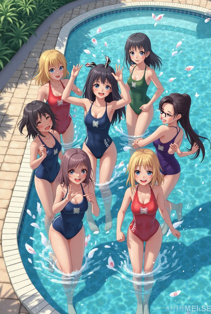 Anime-style characters playing in swimsuits