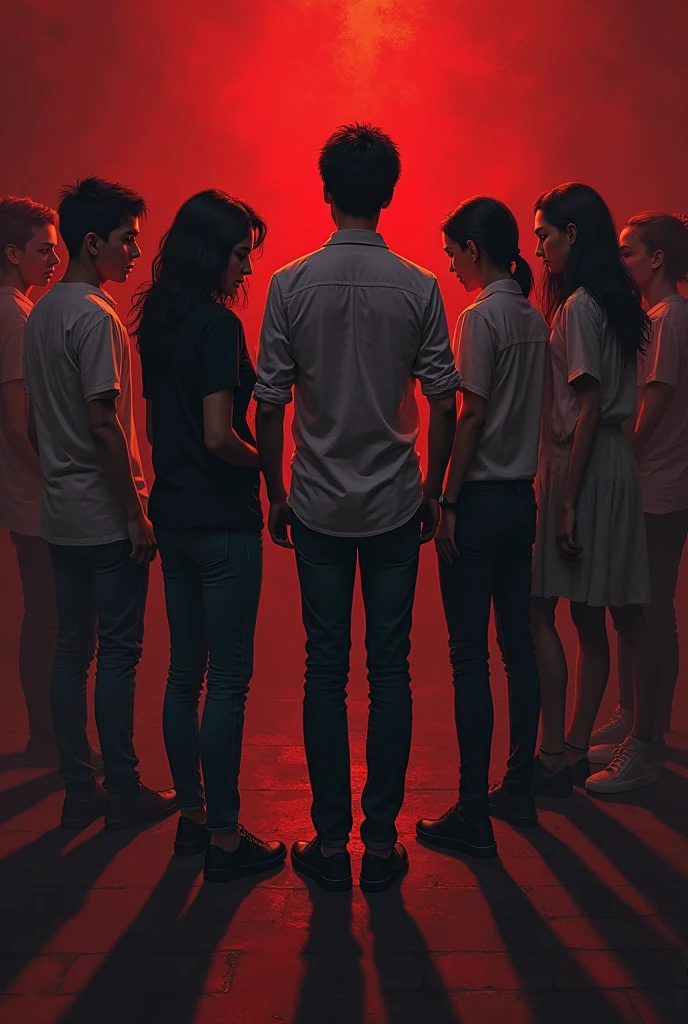 four college boy students are standing, their lower part can be shown only, no face, no body, in front of them another boy is laying down with a horror bloody look and poses, blue red effect, psychological thriller poster, hd effect,