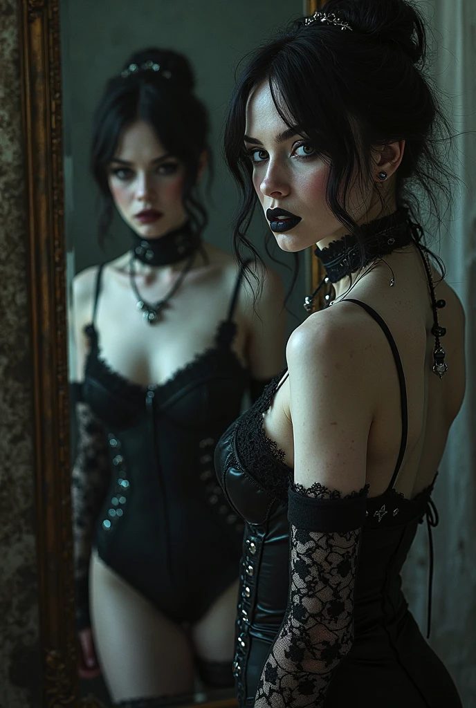 (best quality, highres, ultra-detailed), goth girl, attractive eyes, luscious lips, pale skin, long black hair, seductive expression, alluring gaze, revealing pose, elegant gothic clothing, intricate lace details, dark makeup, black nail polish, moody lighting, dramatic shadows, intense contrast, provocative atmosphere, fine art photography, sensual aura, mysterious vibes, delicate beauty, ethereal presence, captivating charm, confident and empowered, seductive glance, unique style, enchanting aura, minimalist background, subtle colors, striking composition, naked, full body, nude, legs spread open, showing vagina, erotic, pornographic,
