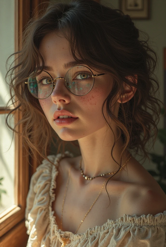 white girl with short curly hair, light brown, with round glasses naked