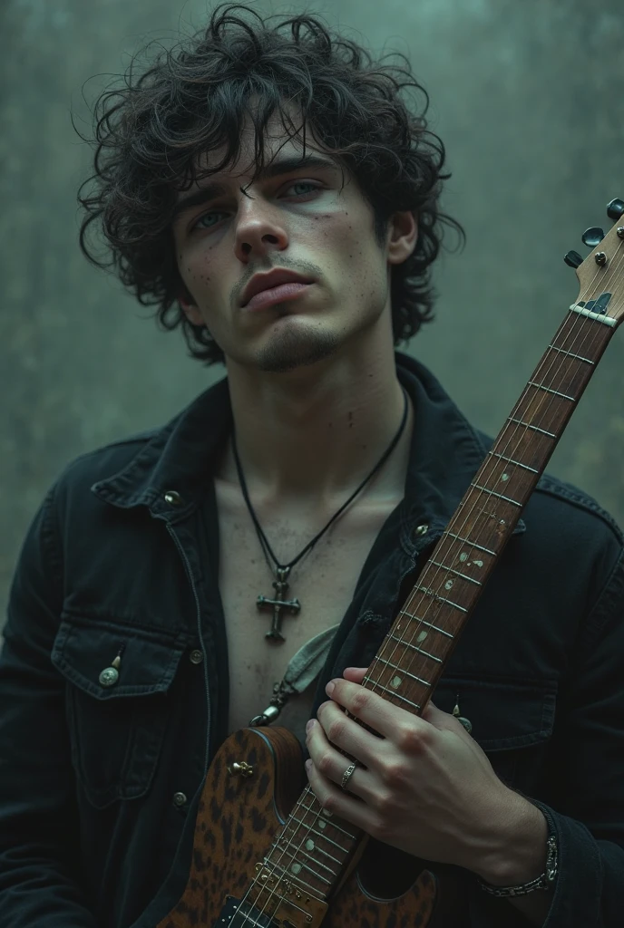 (Best Quality, Masterpiece:1.2), ultra high resolution, realist, front lighting, intricate detail, Exquisite details and textures, 1 man, Alone ,(YOUNG), full body, playing a guitar, tear mole, curly black hair, looking to the horizon, (hollow pattern, White, that), golden earrings, muscular body with tattoos, in a dark and dimly lit bar, Photon mapping, Radiosity, physically based rendering,