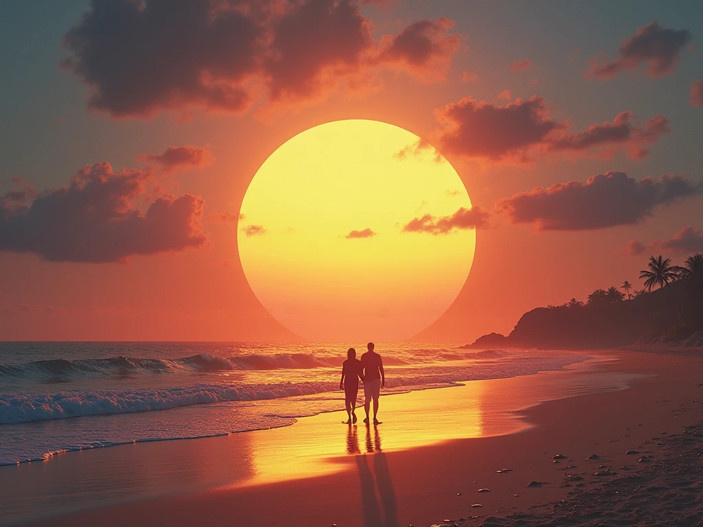 "beautiful sunset on a beach,serene ocean waves,soft golden sand,tropical palm trees,silhouettes of a couple walking hand in hand,seagulls flying in the distance,crimson and orange hues,pure white clouds,faint sound of waves crashing,tranquil atmosphere,high resolution,majestic scenery"