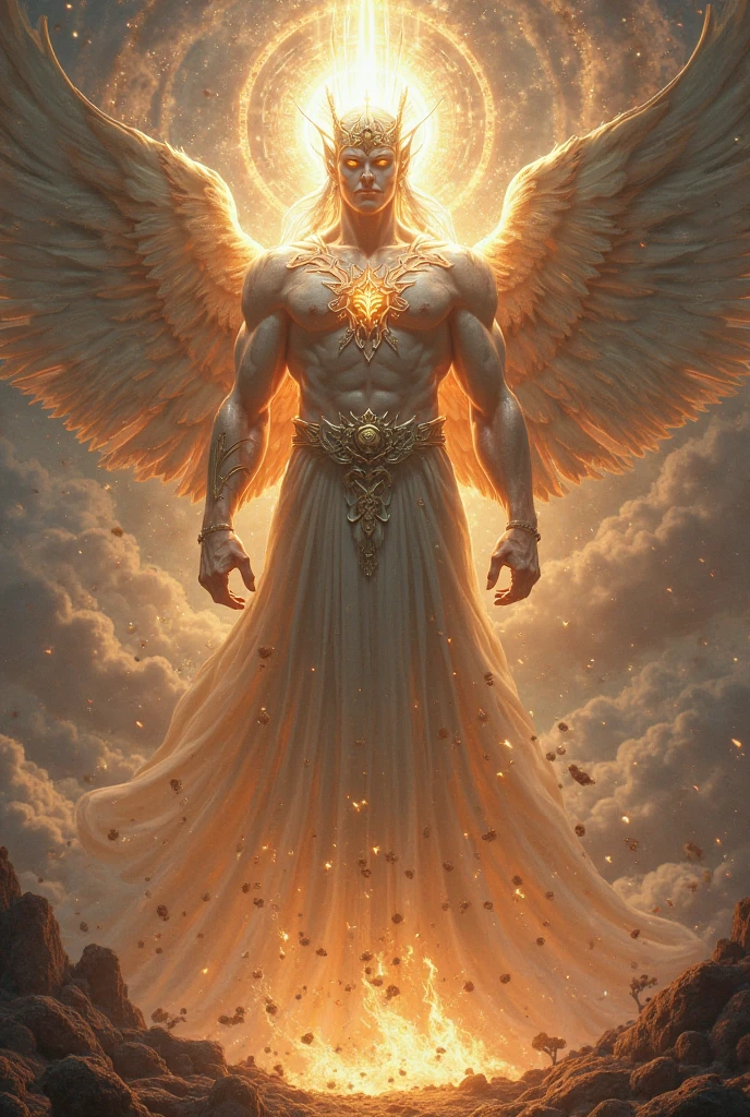 (photorealism:1.2), man clothed in linen, whose loins were girded with fine gold of Uphaz, 6 His body also was like the beryl, and his face as the appearance of lightning, and his eyes as lamps of fire, and his arms and his feet like in colour to polished brass