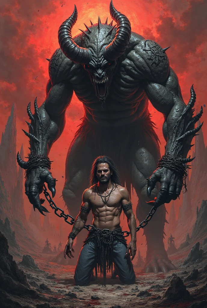 hairy chest, body only, muscular, red skin, dark gray hair, knight kneeling, huge pecs, huge body, big arms, eight-pack abs, black jockstrap, big bulge with balls, chain bind around body, Lu Bu, bat wings, two black small horns, demon, red pupils, red iris, black sclera, spiral eyes, red skinned, big penis