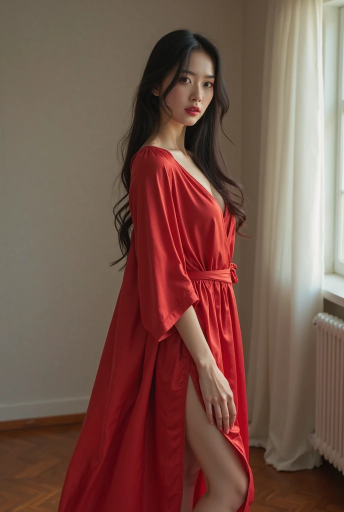 (((HD photo))), ultra high res.photorealistic:. 1.4, UHD (best quality,4k,8k,highres,masterpiece:1.3),ultra-detailed,(realistic,photorealistic,photo-realistic:1.37),1 girl,beautiful detailed eyes,beautiful detailed lips,extremely detailed face,long eyelashes,medium:oil painting,soft lighting,impressionistic style,red colors,beautifully shalwar kameez dressed,wistful expression,standing with one hand on the window frame,gentle breeze blowing her hair,warm sunlight streaming through the window,green plants visible outside the window,soft curtains framing the girl,peaceful atmosphere,serene and tranquil ambiance
