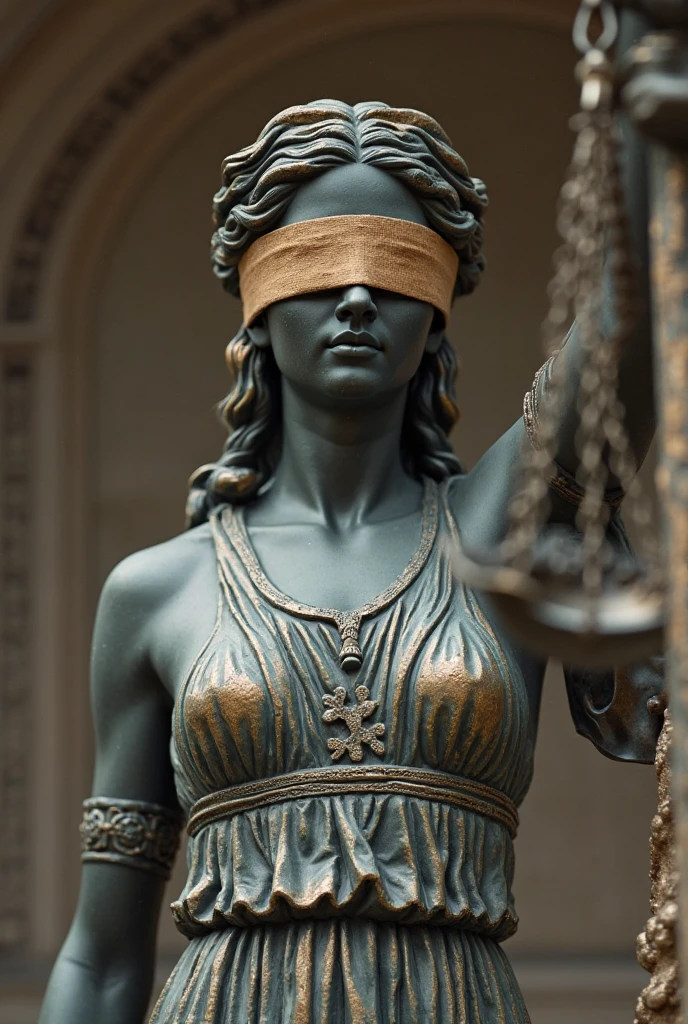Striking portrait of the iconic Justitia figure, blindfolded with intense anger, meticulously rendered details, capturing every fold of her robe and the weight of the scales, dramatic lighting casting deep shadows, emphasizing her furrowed brow and clenched jaw, dark moody courtroom background, ultra-realistic digital art, masterpiece by a renowned artist, high detail, cinematic lighting, 8k resolution.

