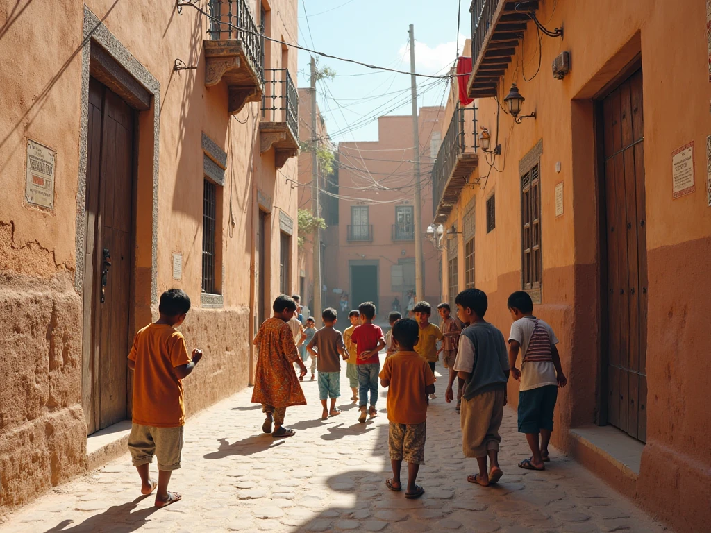 Year: 2019
Country: Morocco
Description: In the bustling medina of Marrakech, a group of children play a game of traditional Moroccan tag amidst the vibrant market stalls. The pastel colors of the traditional riads and the luminous sunlight create a charming backdrop as the children's laughter fills the air.