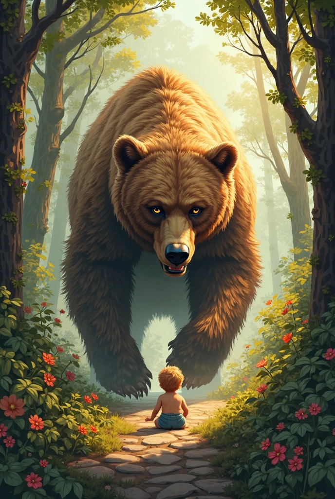 Baby riding on giant bear