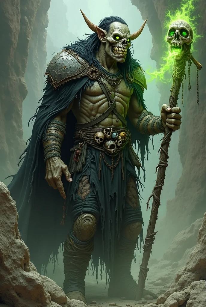 "Create an abyssal shaman who communes with the dark spirits of the underworld. This creature is a terrifying blend of Morlock and Orc, with a hunched, twisted body and rough, greenish skin covered in ritualistic scars and tattoos. Its eyes glow with an unholy light, and it wears a cloak made from the hides of dark creatures. The shaman carries a staff adorned with the skulls of its enemies, and it is surrounded by a swirling, dark mist. The scene captures the shaman performing a dark ritual in a cave or underground chamber, with the spirits of the underworld rising around it."