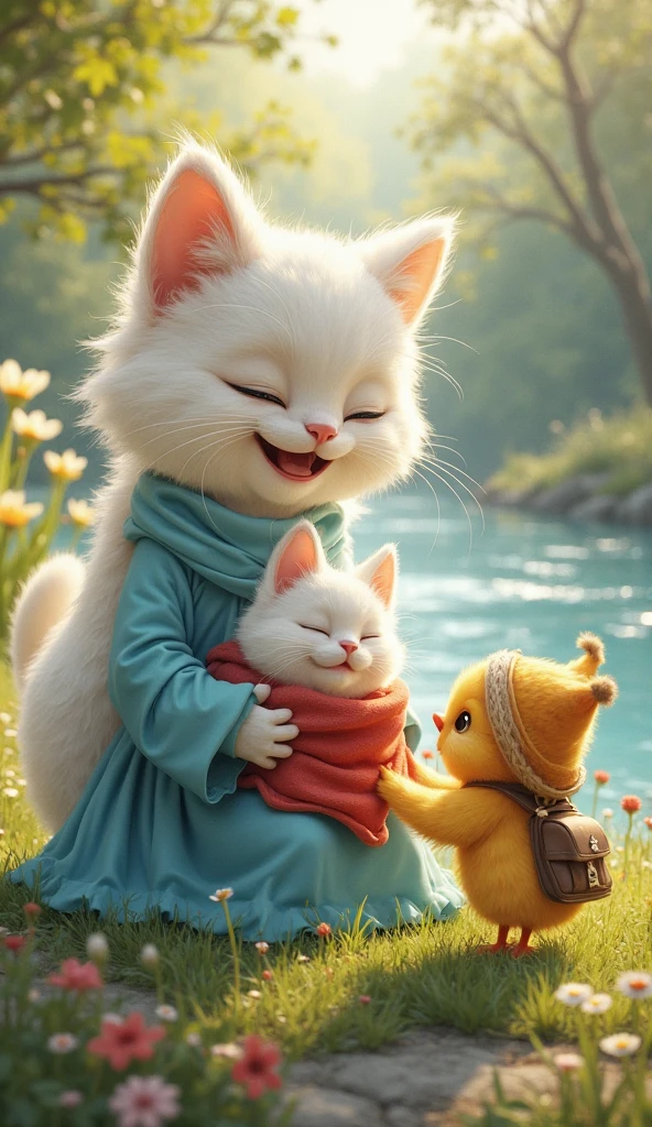 Create a high-quality image in a comical style featuring human children and animals spending time together. The scene should be bright and colorful, exuding a fun and joyful atmosphere. The children are playing or relaxing with the animals, and there is a clear sense of friendship and happiness between them.
The animals should have cute expressions and exaggerated actions, adding a humorous touch. For example, depict a playing fetch with a dog, a cat lounging on a child's lap, or a bird perched on a child's shoulder. The background should include simple, bright elements that maintain a lighthearted and cheerful mood.
The illustration should be detailed and capture the endearing interactions between the children and animals, presented in an adorable and charming style."