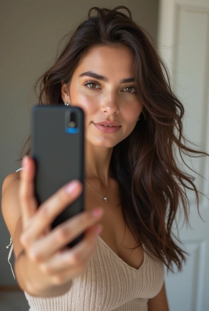 Beautiful young woman taking a selfie, Taken with iPhone camera、Brazilian Beauty