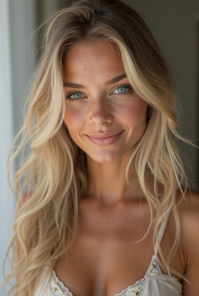 (Raw photo: 1.2), of the highest quality, Gorgeous woman, Smile, Blonde, Highly detailed eyes and face, High resolution, 8K Wallpaper, Fine detail, Movie Lighting, Sexy Pose, (Photorealism: 1.4), From below, Super Detail, masterpiece, huge tits