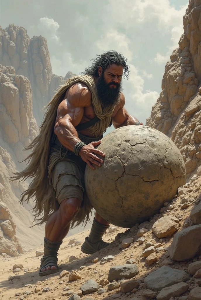 Dark-skinned man pushing a large round stone 