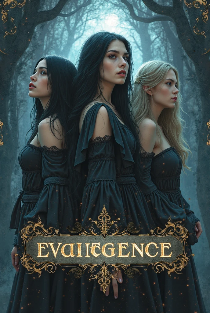 The cover of *"Fangs of Fate: Unholy Pact"* shows three sisters: Eleonor (blonde) in the middle, Amaranda (brunette) on her left, and Adeline (redhead) on her right. The background is dark and mysterious, with hints of a supernatural world, like shadowy forests and ancient ruins. The title is in bold, blood-red letters at the top, giving a strong vampiric feel. The design emphasizes the eerie, gothic atmosphere and the sisters' bond in a dangerous, mystical setting.