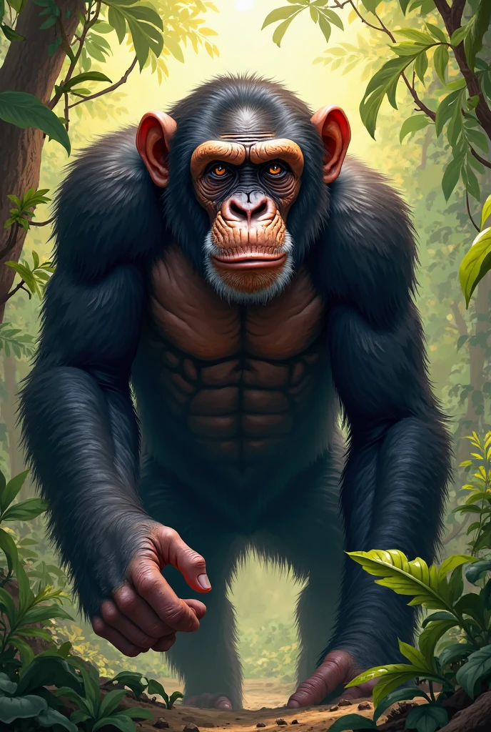 a surprised ape, He picks up the stone and examines it., sensing that he can use it as a tool to open more fruits. In your mind, A spark of innovation emerges.