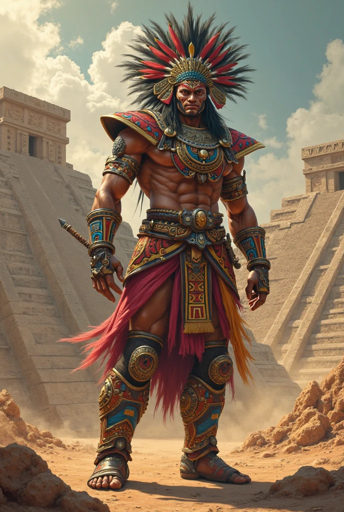 Aztec warrior, armed, whole body, war cry, with a skull in his high hand and a spear in his low hand, colorful suit
