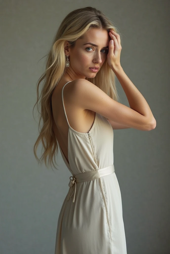 mulher, americana, 25 anos, pale skin and freckles, olhos cinzas, nariz delicado, soft and delicate lips, longo, cabelo blondie longo e ondulado na altura da cintura, sorriso meigo, face with delicate feminine facial features, altamente renderizado