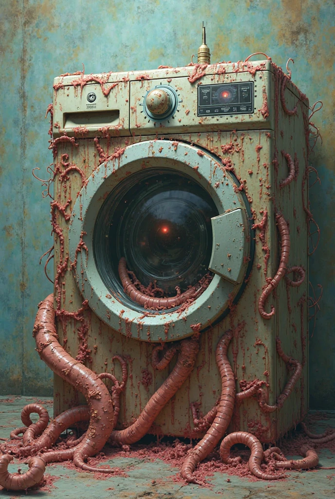 A washing machine with protruding internal organs covered in blood