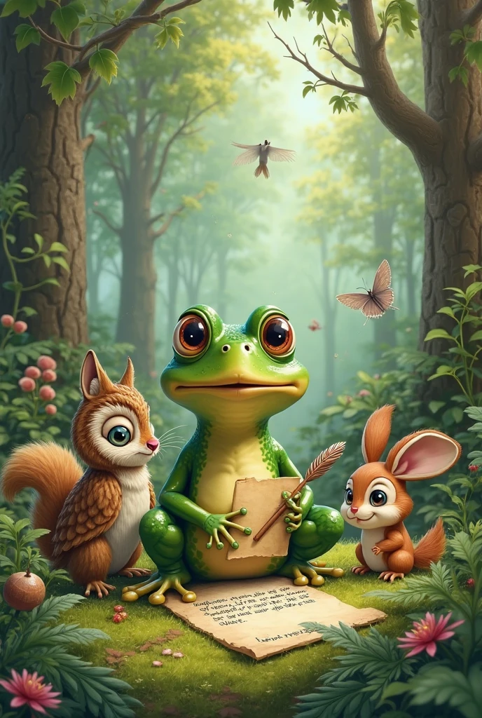 A turtle, a frog and an owl