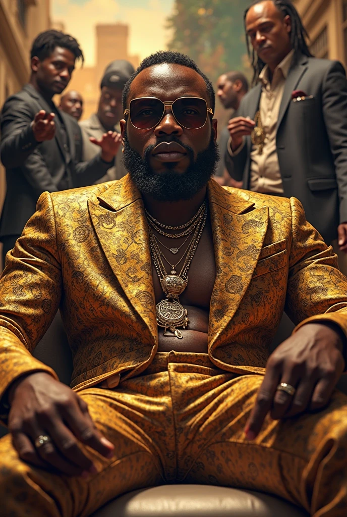 craft a hyper-realistic 8k long shot view of a wealthy african man aged 38 years, dressed in expensive western wears, in a well furnished house in an african mega city