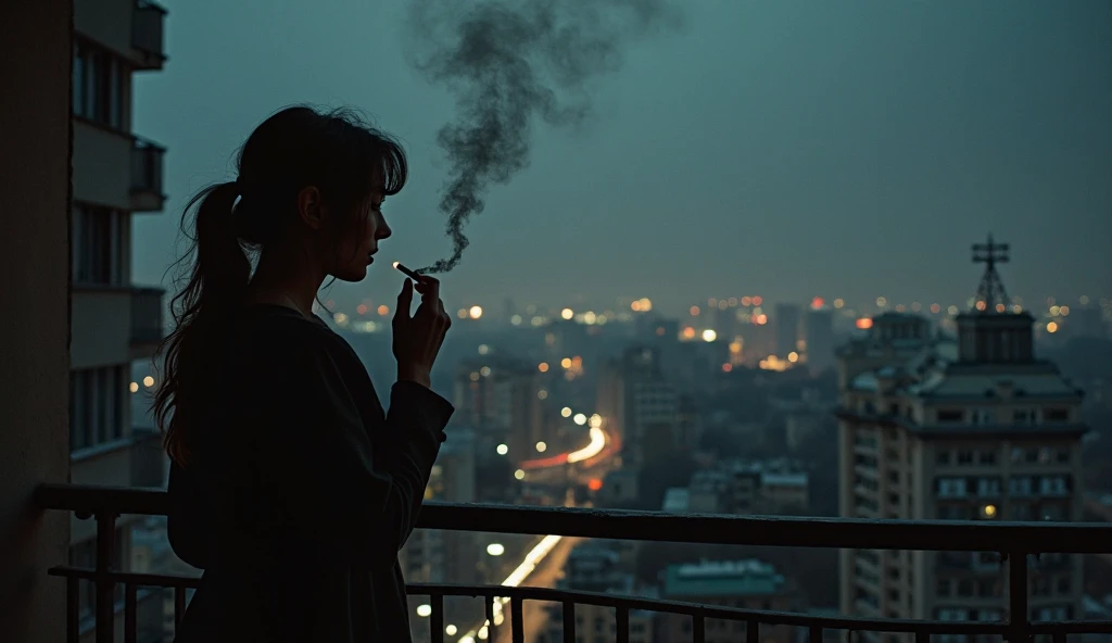 Silhouette of a man with long hair in a ponytail sitting alone in the middle of the night,smoke a cigarette.