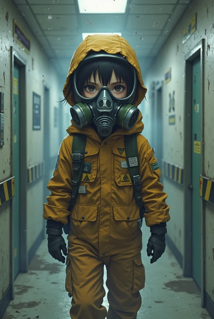 Young boy wearing golden gas mask