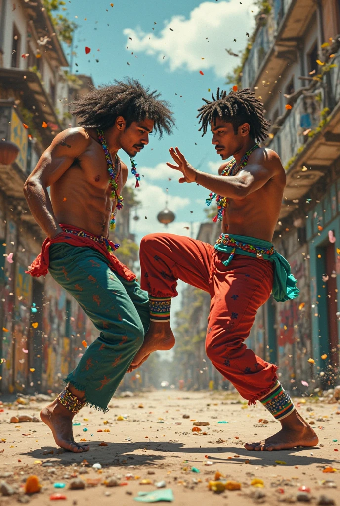Deux joueurs de capoeira, ils sont noirs, il y a des joueurs de tambour. Digital art, graphisme réaliste. La scène se passe dans la caraïbe
