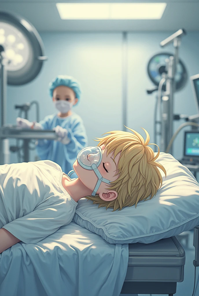 13 year old boy with blonde hair with bandages covering eyes on hospital bed with bandages and white casts on both arms and one on the left leg