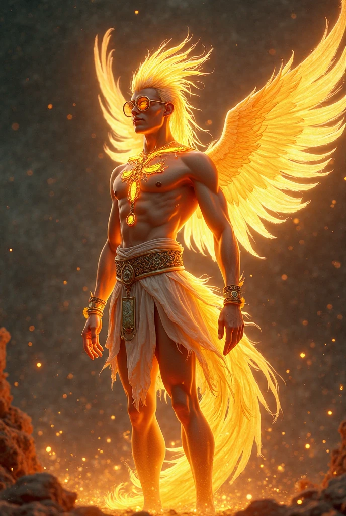 (best quality,4k,8k,highres,masterpiece:1.2),ultra-detailed,(realistic,photorealistic,photo-realistic:1.37),man with phoenix wings on his back,fire surrounding his fist,feathers,captivating expression,flaming wings spread wide,Fiery light,cinematic mood,dramatic angle,heroic stance,mythical creature,sculptural details,radiating power,celestial aura,vibrant color palette,scorching flames,epic fantasy,mythological hero,heroic mythology,combustible energy,luminous heat,dynamic movement,high-contrast lighting,archetypal figure,detailed feather texture,mythical symbolism,fiery trails,embodying strength and grace,vividly glowing embers,powerful presence,extraordinary supernatural ability,astral fire,enduring power and rebirth,fiery spirit,awe-inspiring spectacle