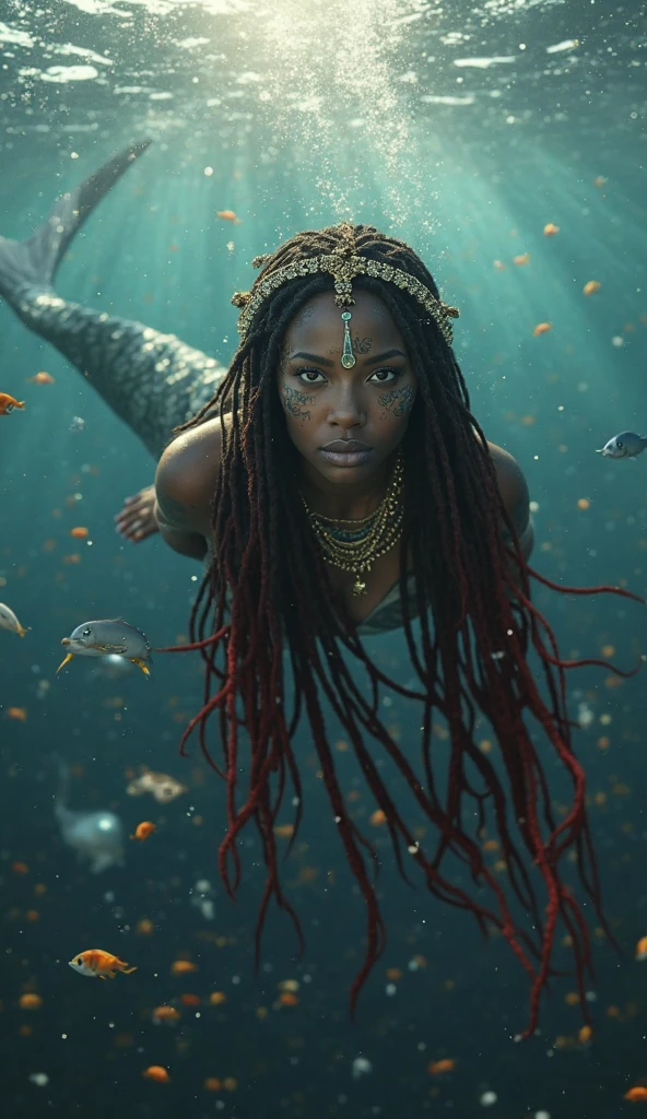 A sexy mermaid with dreadlocks, smoking marijuana, adorned in vibrant colors.

Imagine a captivating figure of a sexual mermaid, her dreadlocked hair cascading down in luscious waves. In her hand, she holds a joint of glowing marijuana, adding an edgy allure to her image. Her body glimmers in the underwater kingdom, adorned with a mesmerizing blend of colors, reflecting her exotic and seductive nature.