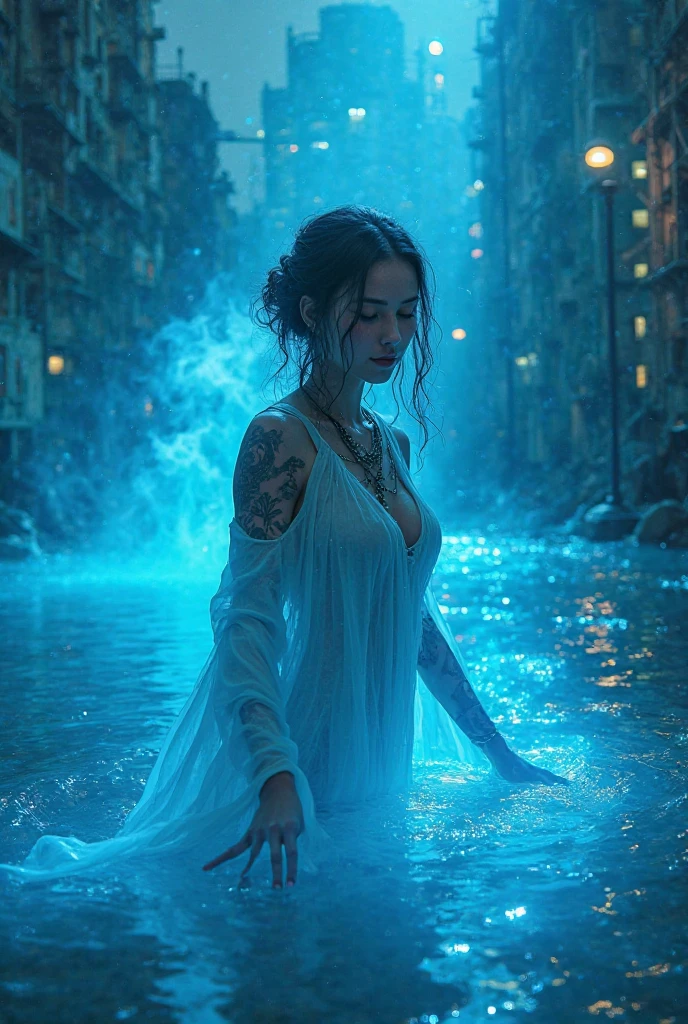 NUDE:1.2，Traction collar:1.3，Leash:1.3，protrait photo，Full body image，For the audience，Shred clothes，Fragments of clothing，cpainting,psychedelic,Dreamlike,atmospheric artwork depicting a rainy street scene at night. soft,pastel color palette dominated by blues and eerie oranges. A girl with long light blue hair,wet hair, dressed in a wet and transparent dress,offering an ethereal,almost ghostly presence. The background showcases blurred city lights,rain reflections,and falling petals,creating a sense of melancholy and romanticism. Dynamic composition with a mix of sharp and softened details,emphasizing the dreamy,impressionistic style. Another figure,possibly a young man,stands in the blurred rain-soaked background,contributing to the sense of solitude and introspection.,，Devil figure，slim，Front convex and back curved，Perfect body，的Very detailed details of the face，Clear facial features，Fair and delicate skin，long legs,Avoid changing the facial features of the reference image,Perfect facial features，Very detailed details of the face，Glowing eyes，Mid-chest，Cleavage，clavicle，Light arm，Bare legs，Black over the knee，Perfect body比例，Long legs，Devil figure，Real skin texture，Glowing translucent skin，Real skin pores，Perfect hands，Perfect hands臂，Perfect hands指，Perfect legs，Perfect feet，Perfect feet趾，Covered in sweat，Devil figure，slim，Front convex and back curved，Perfect body，的Very detailed details of the face，Clear facial features，Fair and delicate skin，long legs,Avoid changing the facial features of the reference image,Perfect facial features，Very detailed details of the face，Glowing eyes，Big breasts，Cleavage，clavicle，Light arm，Bare legs，Black over the knee，Perfect body比例，Long legs，Devil figure，Real skin texture，Glowing translucent skin，Real skin pores，Perfect hands，Perfect hands臂，Perfect hands指，Perfect legs，Perfect feet，Perfect feet趾，