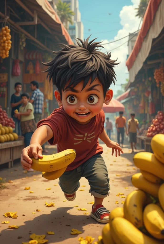 Give me a picture , The chubby boy was chased by many people in the market and ran away with a banana.