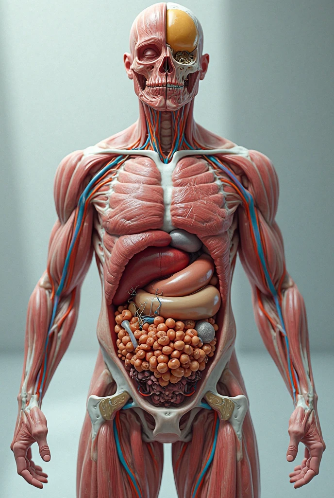 There is a large clear glass inside our body in the stomach area. There is a lot of food in that glass.