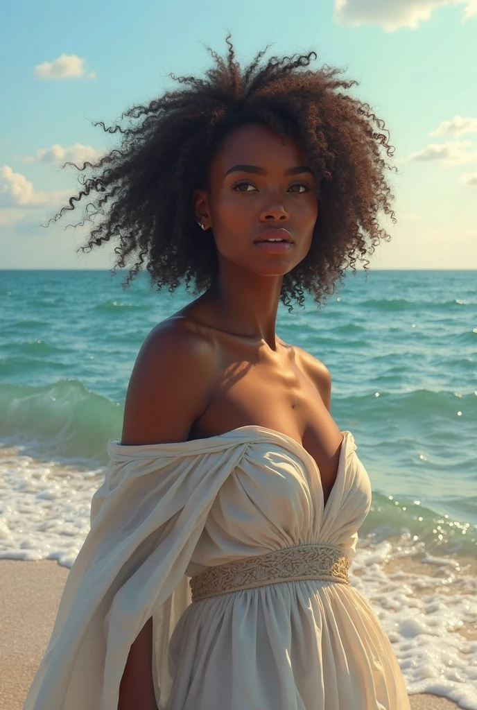 Best quality, masterpiece, detailed skin texture, detailed cloth texture, detailed face, super detail, 8k, intricate detail, woman, mysterious and melancholic expression, gaze directed to the camera, wavy hair, 50 years old, brown skin, white dress, full body, in front of the sea blurred.