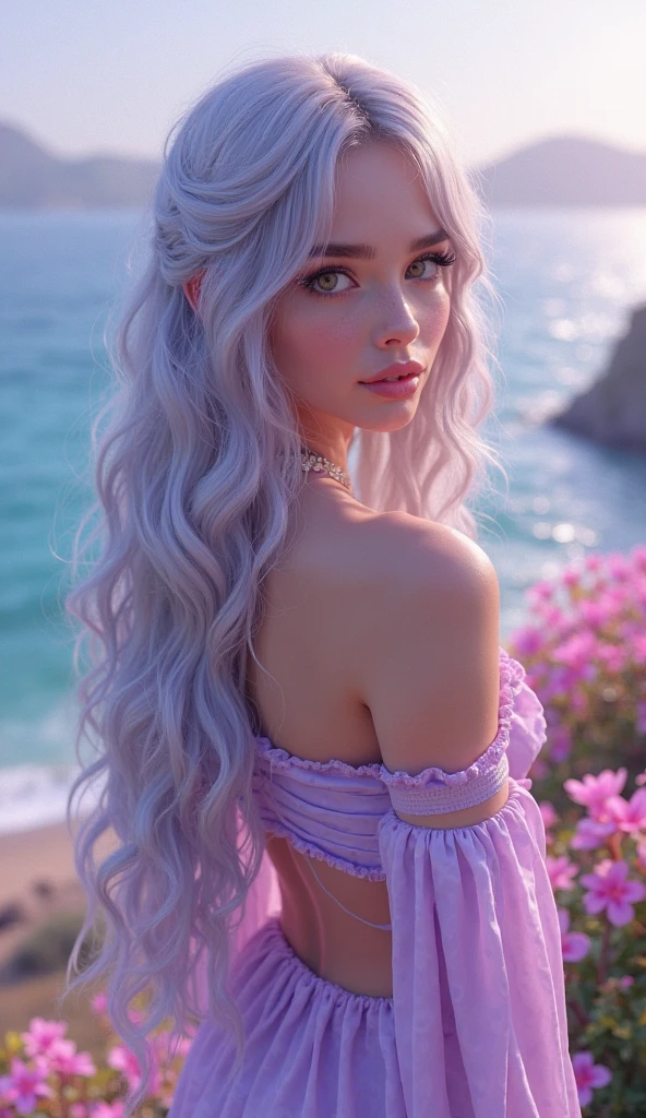 girl, 20 years old, (((French ethnicity))), waterwave hairstyle, femme fatale, photorealism, highly detailed, ultra quality, cinematic lighting, realistic skin texture, (((white hair))) (feminine), ((alluring facial expression)), ((exquisitely detailed facial features)), ((perfect eyes)), 8k wallpaper, nikon, trending on Artstation, trending on CGSociety, (sensual), ((full lips)), (((slim waist))), (((wide hips))), (((purple eyes)))