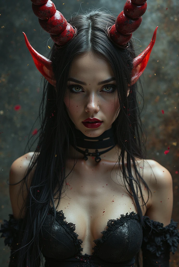 half devil angel woman, naked, hairy pussy and medium breasts face ahegao