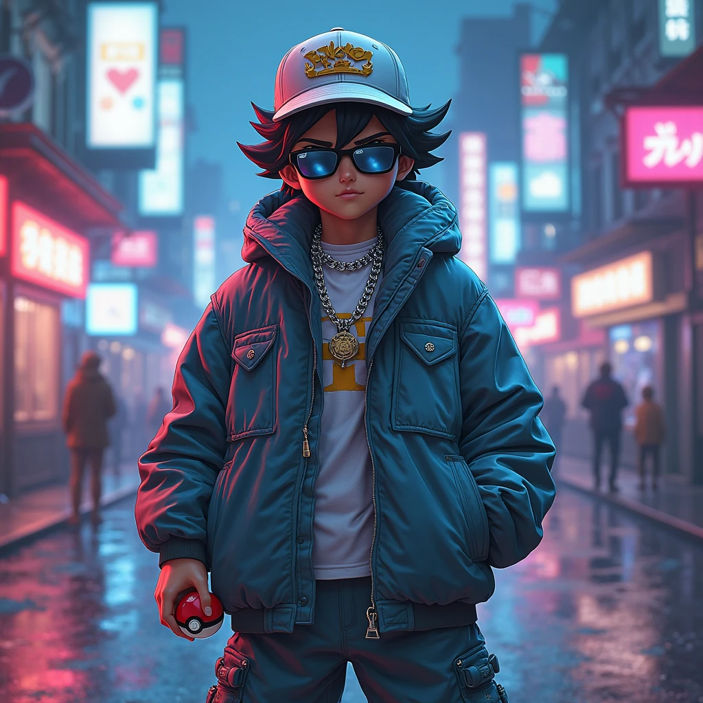A boy with a monkey face wearing a cap and sunglasses, wearing a hoodie with a logo of a boy playing the game, in the background a poor neighborhood with colored neon lights with the name PORRITAJR9, and fireworks in the background