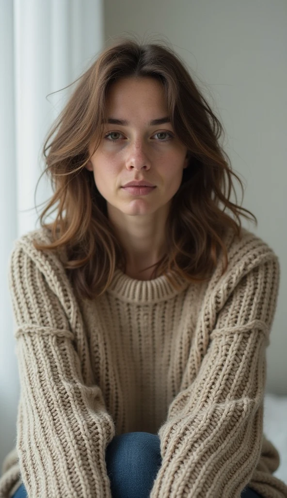 masuter piece, top-quality, ​masterpiece, hight resolution, Photorealsitic, Raw photography, 8k wallpaper, flawless, profetional lighting, ighly detailed, depth of fields,Pale solid color background, ((One beautiful woman)), ((45 yers old)), Female sexy, Detailed face, beautidful eyes, bangss, small breasts of good shape, Light Brown Straight Hair, Faint lips, ((Stand facing forward and look into the viewer&#39;s eyes with a serious face.)),Sweaters, skirt by the, Feet out of frame