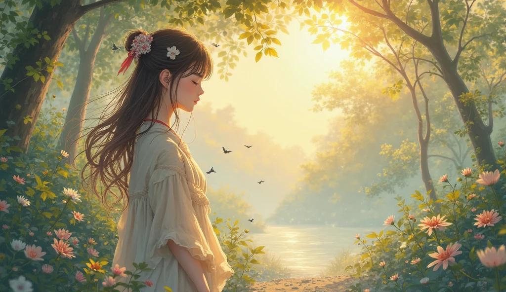 A red dragonfly is perched on the fingers of a beautiful girl、Beautiful countryside sunset