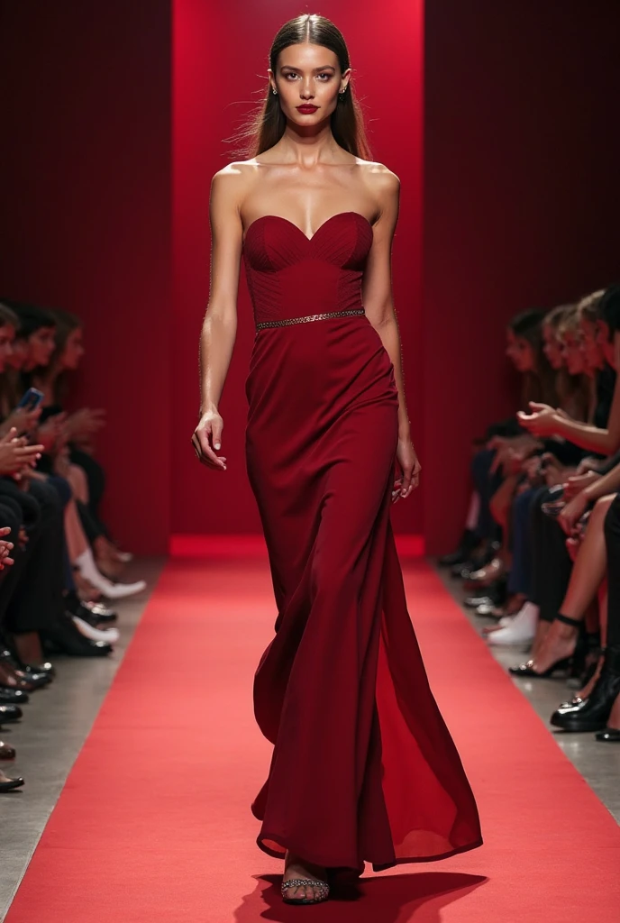27 year old woman, habillée d'une tenue de designer chanel, medium long wavy light brown hair, the green eyes, square face, mannequin, walks on a podium, super detailed, full body, full  body, pose de mannequin de luxe, hourglass body, athletic, voluptueux, Ambiance luxueuse, Photograph, ethereal lighting, full hd max, haute couture fashion show podium background, haute couture, just one woman, no audience, your rosé, cake, beach, sexly