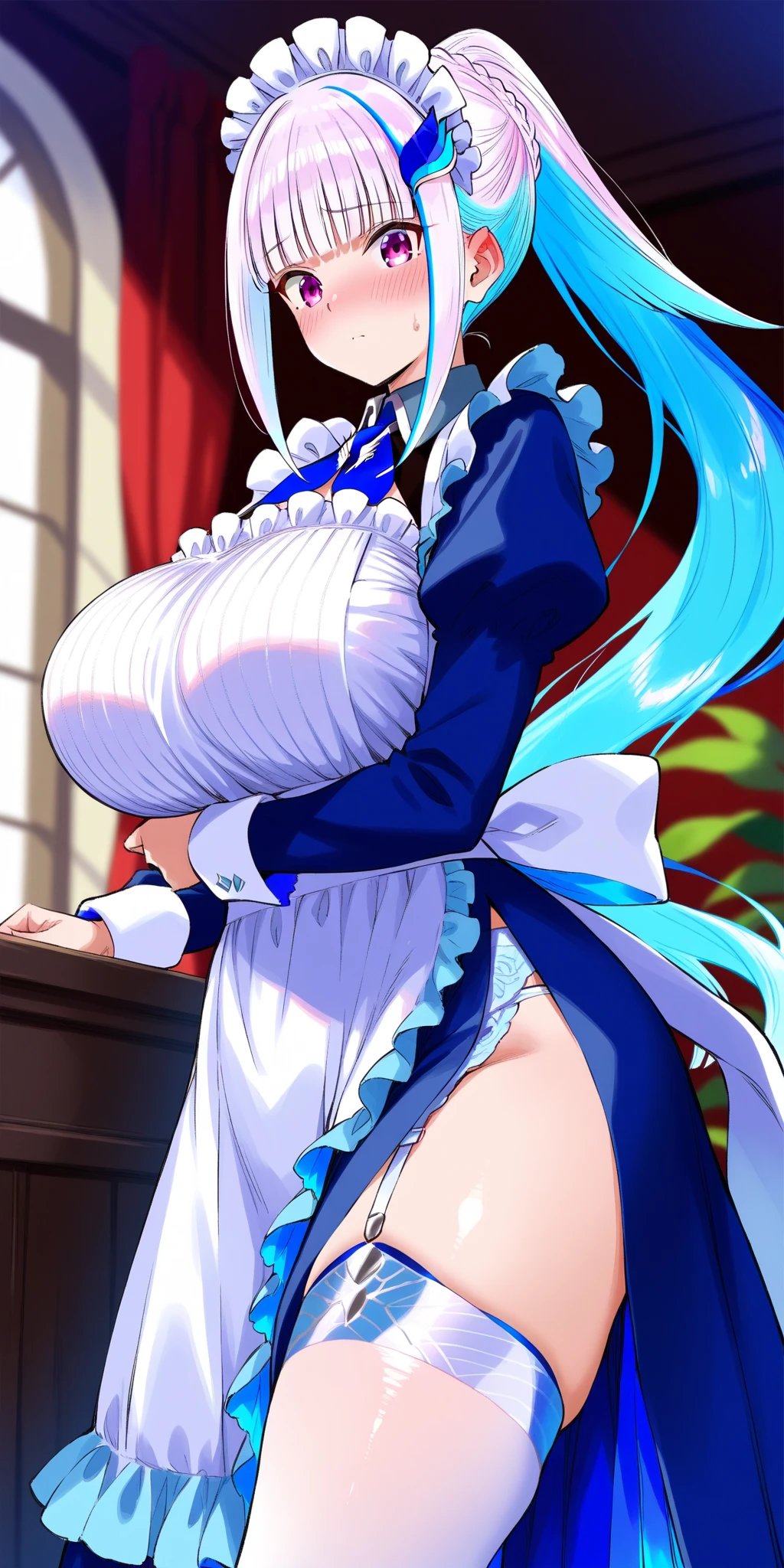 1 girl, Aqua Konosuba, looks at the viewer smiles, sexy pose, (maid costume, черные stockings, black gloves, Black corset, white panties, stockings) , (huge breasts:1.2), middle thighs