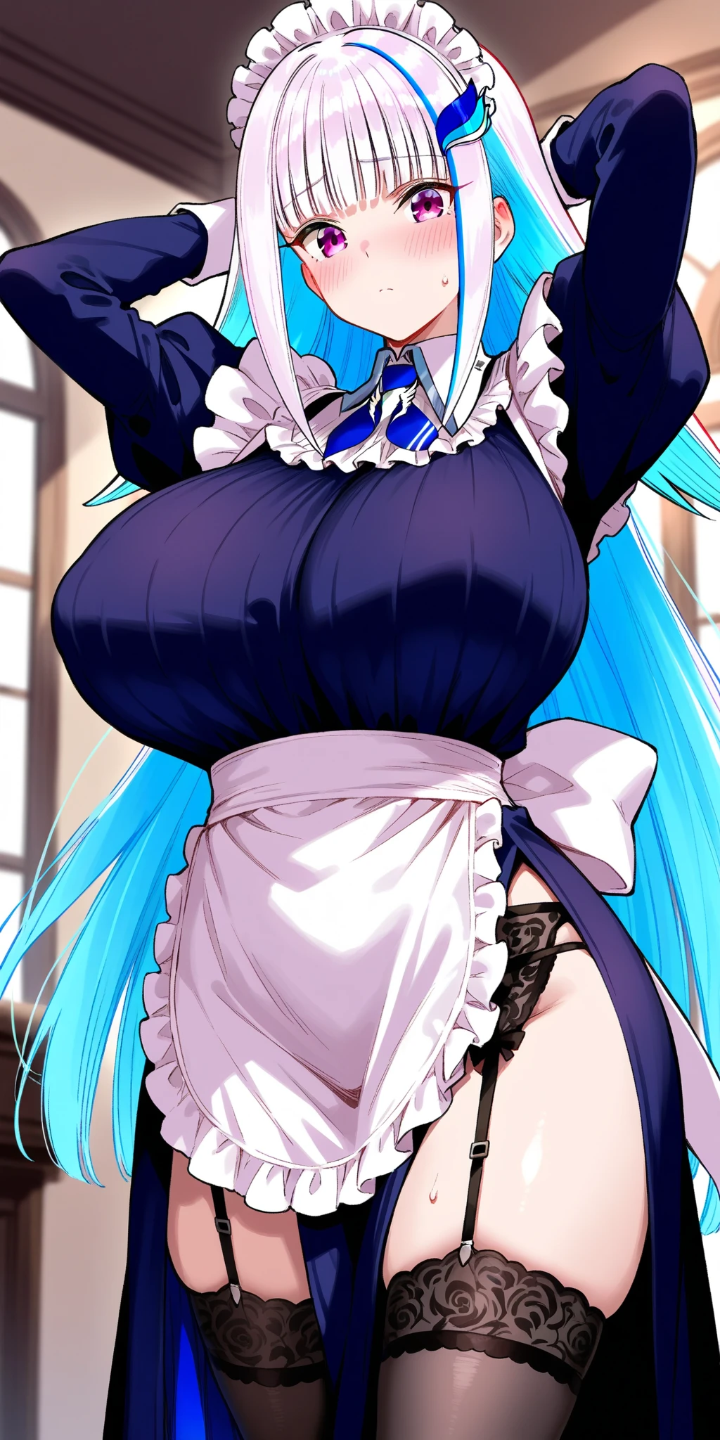 (Masterpiece), Best Quality, ultra-detailed, perfect hands, Delicate eye expression, 1girl (rinko_iori, Sexy, A voluptuous and sexy body, Big and pretty breasts, naked body, dark blue hair, long hair, blue eyes),A look of bewilderment,open mouth,red lipstick, solo, nude,torn maid clothes, maid headdress, torn clothes(Nipples are visible),naked body, A dark room,Only candles shine,Pushed against the wall,standing, Rinko's clothes are torn, exposing her naked body.,hands on wall, Sexy waist teasing,cowboy shots