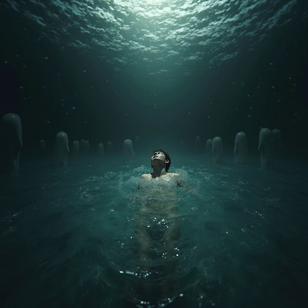 there is a naked black man with an erected penis that is swimming in the water, thalassophobia, sitting in his throne underwater, in a underwater horror scene, submerged on titan, swimming underwater, floating drowned, swimming deep underwater, in the deep, floating under water, humans hide in the underwater, swimming through the ocean, sinking underwater, underwater looking up, people drowning