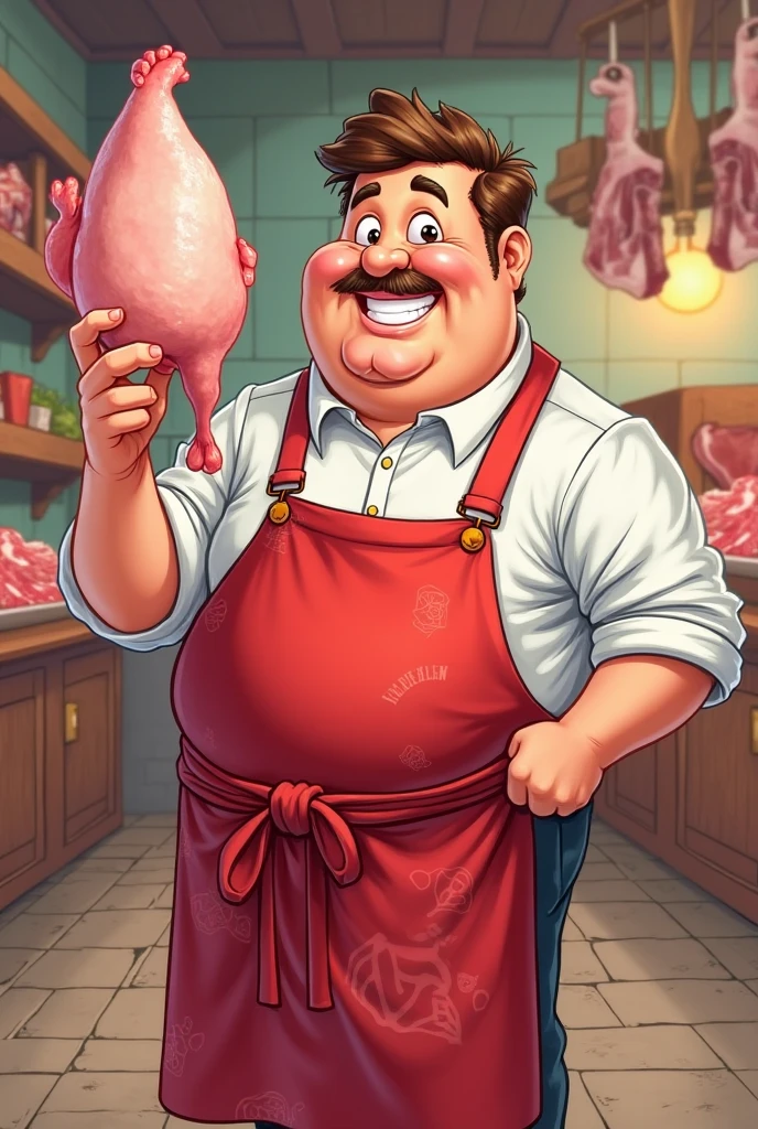 Lizardman, butcher, chef outfits, red body, extremely obese, massive arms, plump face, large bulge,