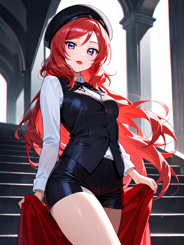 An anime girl with red hair and blue eyes wearing a skirt and an open shirt revealing a black and red bra