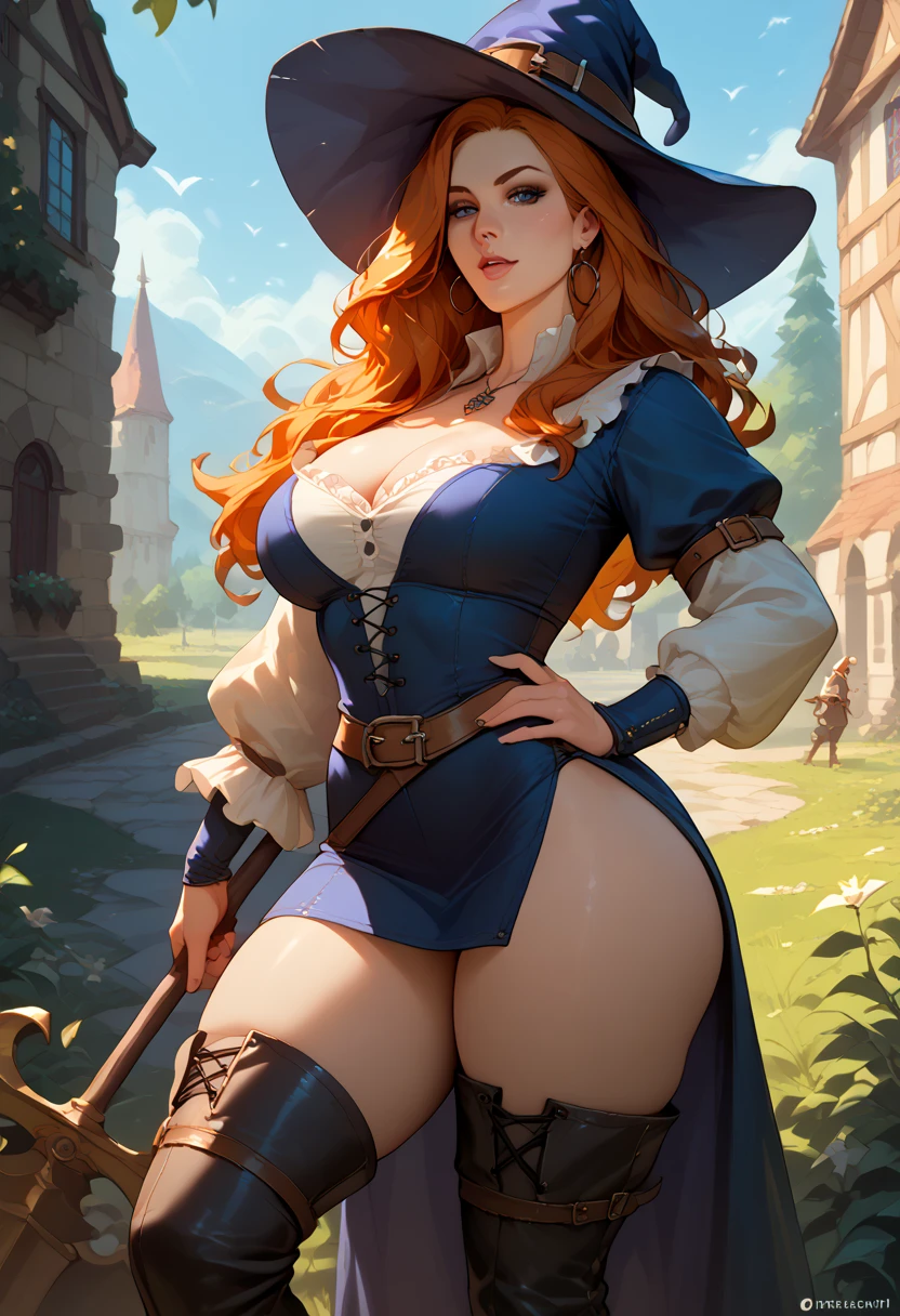 Obra-prima, melhor qualidade, Angry female witch in the forest with arms crossed wearing a blue pointed hat and orange hair and a blue cape and blue cape(sword_swallowing_position), 1girl, huge breasts, 1boy,choker, hetero,white short shorts,crop top,thighhighs,solo focus,deep cleavage,deepthroat,throat bulge,pussy,(outdoors:1.2),midriff,(thick thighs:1.2),(huge testicles),