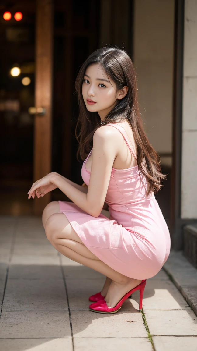 Coral mid-length tight skirt  、Sheer blouse、(Highest quality)、((Very detailed))、4K、(8K)、masterpiece、Very detailedな、Highest quality、Super Resolution、1 person、Kind Face、Soft Light、RAW quality、Soft Skin、Sandals、163cm