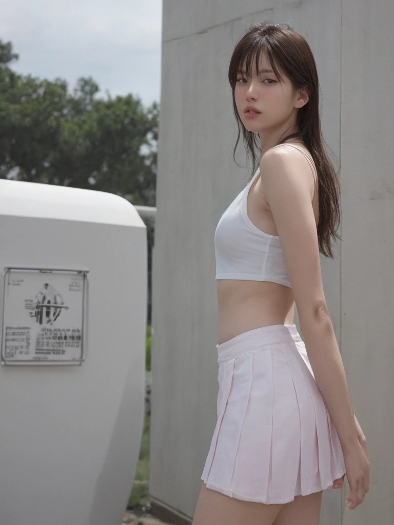highest quality,masterpiece,Ultra-high resolution, Very detailed, 8k,(Beautiful woman),一人のBeautiful woman,((Crucifixion)),(cross),(execution),((incontinence)),Scared,???????,slave,((crossにCrucifixionにされた女性:1.5)),Crucifixion刑,(19 year old pretty woman),Large Breasts、(White shirt、black micro mini skirt),