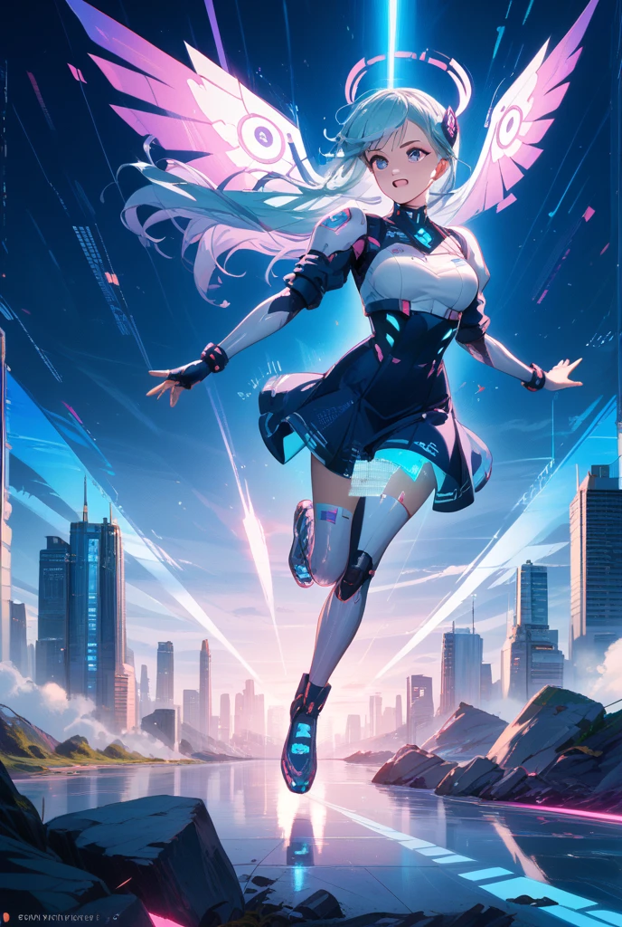 pastel color cyborg beauty、Futuristic city background in pastel colors、,pastel colored knee high socks, pastel color blouse、sticking out tongue、futuristic skyscrapers、spread your arms、spectacular pose、look up at the sky、Cyberpunk beauty in pastel colors、loud laughter、Mecha、pastel color cyberpunk
