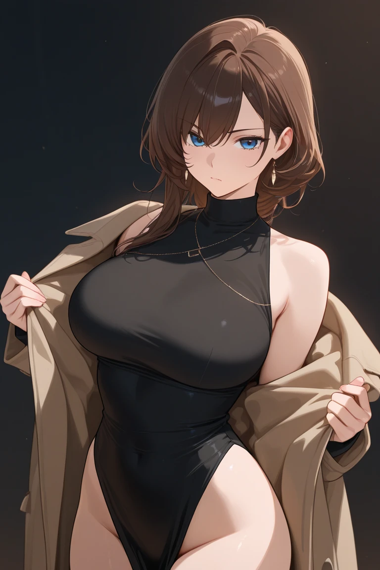 (Masterpiece), best quality, HDR,UHD,8K, expressive eyes, perfect face, 1girl, cute, sexy, perfect body, big breasts, black hair, long hair, straight curly hair, crisp eyes, dark blue eyes, lewd eyes, (seductive smile), brown pleated shorts, (small necklace:1.3), (black turtleneck), brown jacket (the jacket is on the turtleneck), (realistic body proportion), (facing viewer), (lying down position), bench, (perfect hand), (sfw)